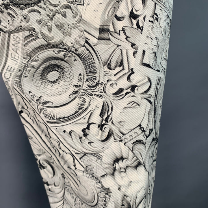 VERSACE JEANS Size 30 White Grey Logo Print Cotton Blend Slim Tapered Jeans