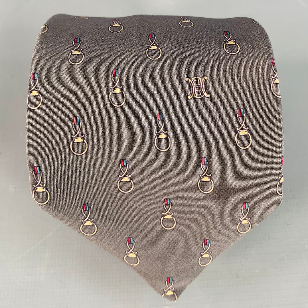 CELINE Charcoal Grey Gold Equestrian Silk Twill Tie