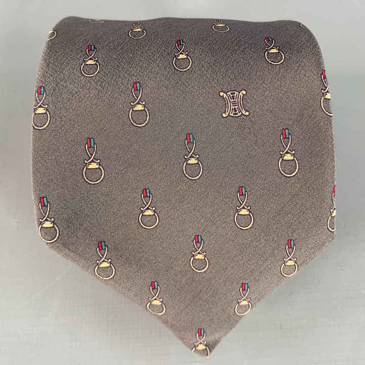 CELINE Charcoal Grey Gold Equestrian Silk Twill Tie