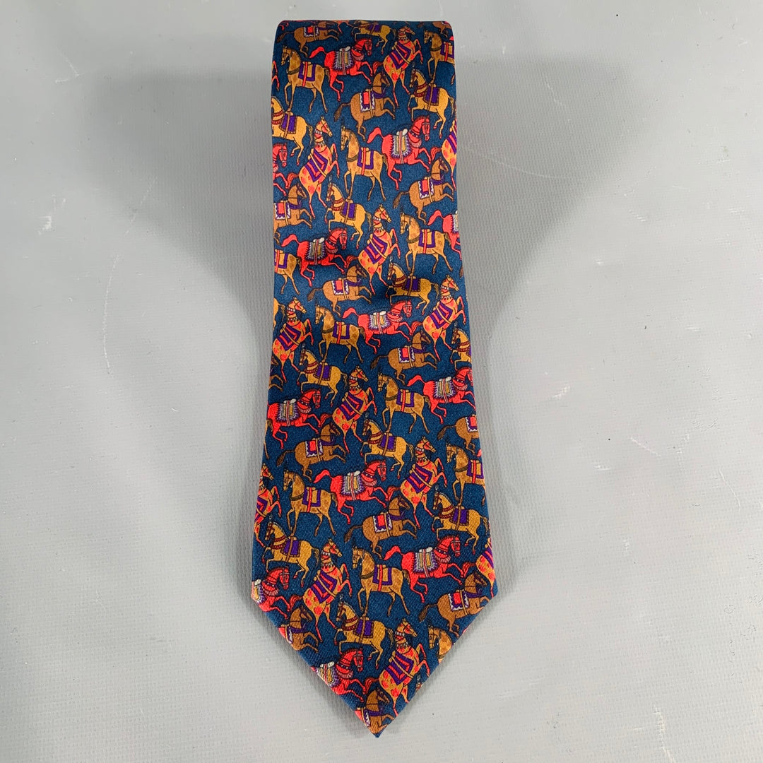 SALVATORE FERRAGAMO Navy Red Brown Horses Silk Tie