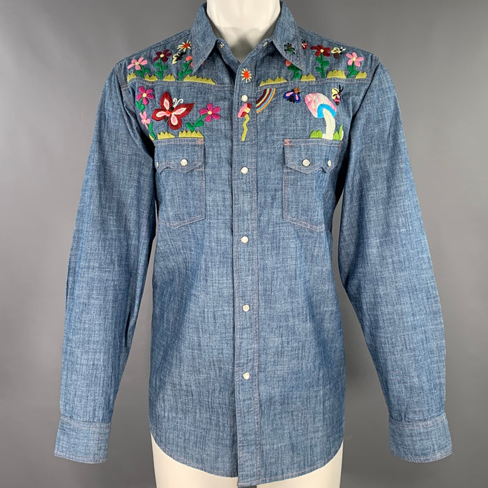 NEEDLES Size M Blue Multi Color Embroidery Chambray Snaps Long Sleeve Shirt