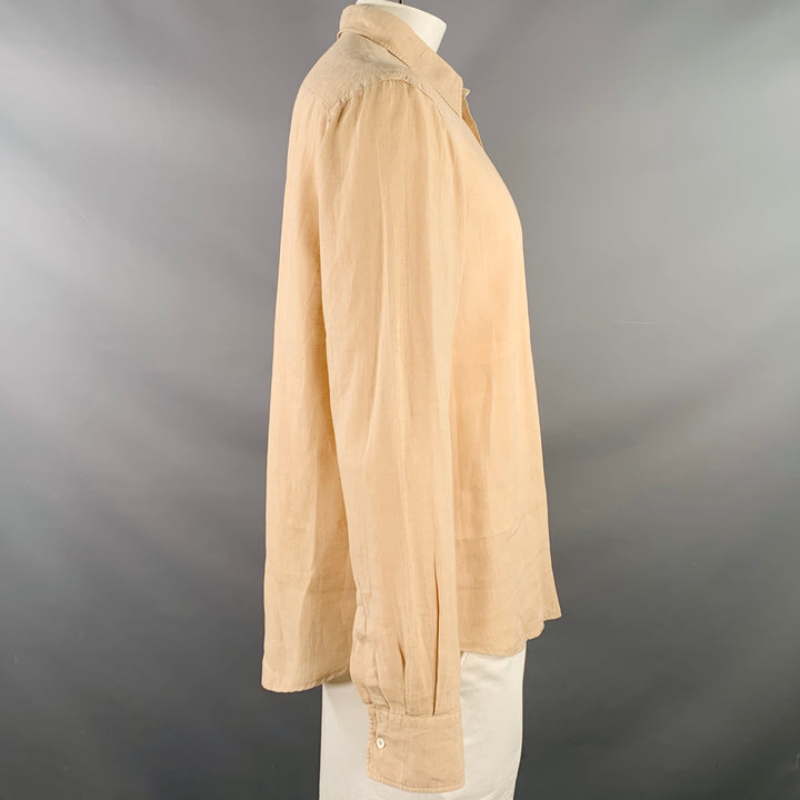 ASPESI Size XL Peach Linen Half Placket Long Sleeve Shirt