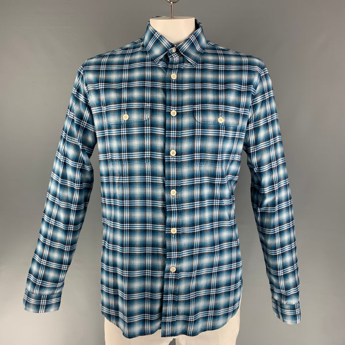 TOM FORD Size XL Blue White Plaid Cotton Flanel Long Sleeve Shirt