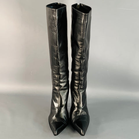 LES COPAINS Size 7 Black Silver Leather Back Zipper Calf High Stiletto Boots