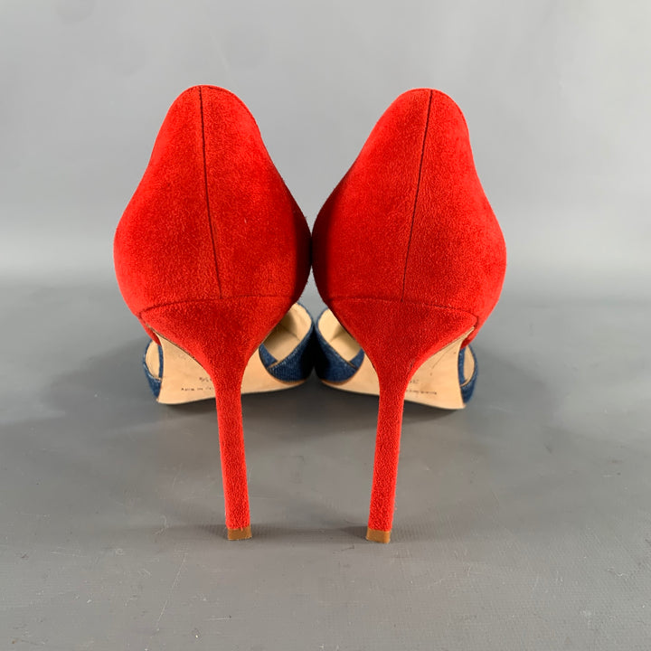 MANOLO BLAHNIK Size 9.5 Blue Red Suede Two Tone Suede Pointed Toe Pumps
