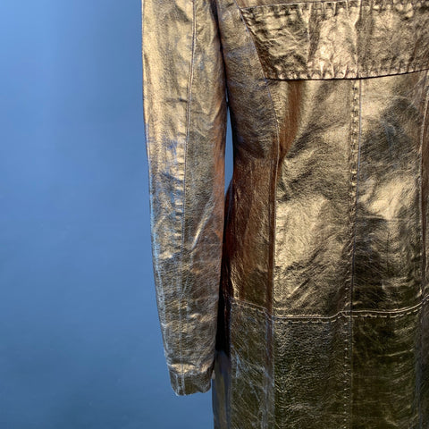 JUST CAVALLI Size 4 Gold Metallic Leather Distressed Long Coat