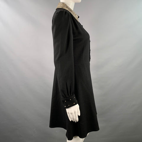 SAINT LAURENT Size 8 Black Gold Wool Crepe Rhinestones Long Sleeve Dress
