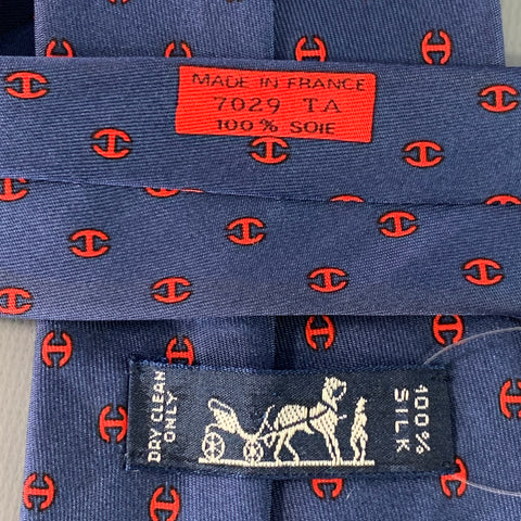HERMES Navy Red Monogram Silk Tie