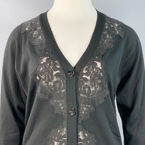 CHLOE Size L Black Wool Lace Trim V-Neck Button Up Cardigan