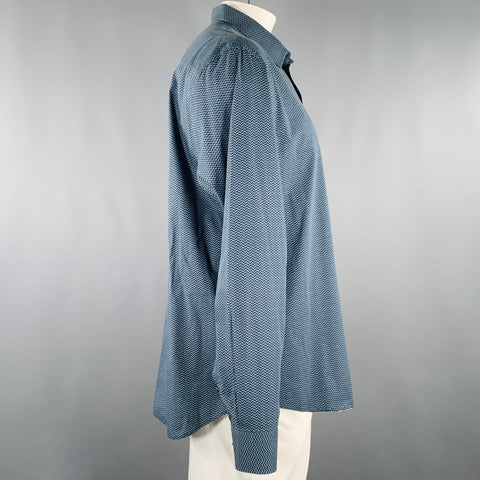EMPORIO ARMANI Size XXL Blue Black Herringbone Long Sleeve Shirt
