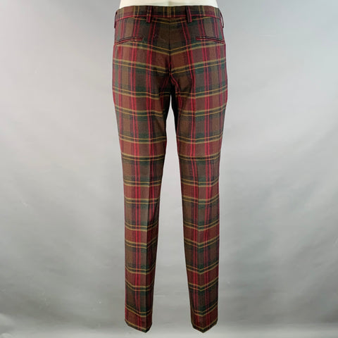 DRIES VAN NOTEN Size 36 Red Green Plaid Wool Notch Lapel Suit