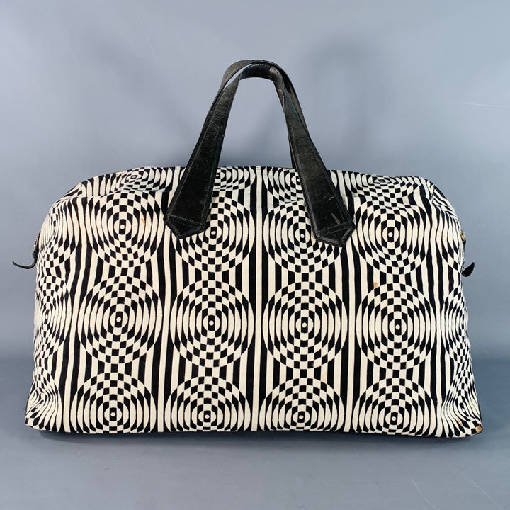 PAUL SMITH Black White Geometric Leather Trim Canvas Weekender Bag