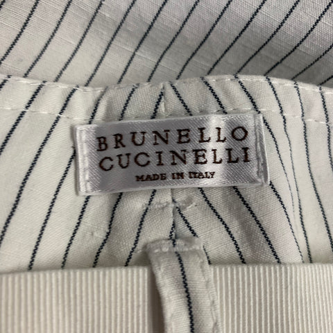 BRUNELLO CUCINELLI Size 8 White Black Cotton Linen Pinstripe Wide Leg Belted Shorts