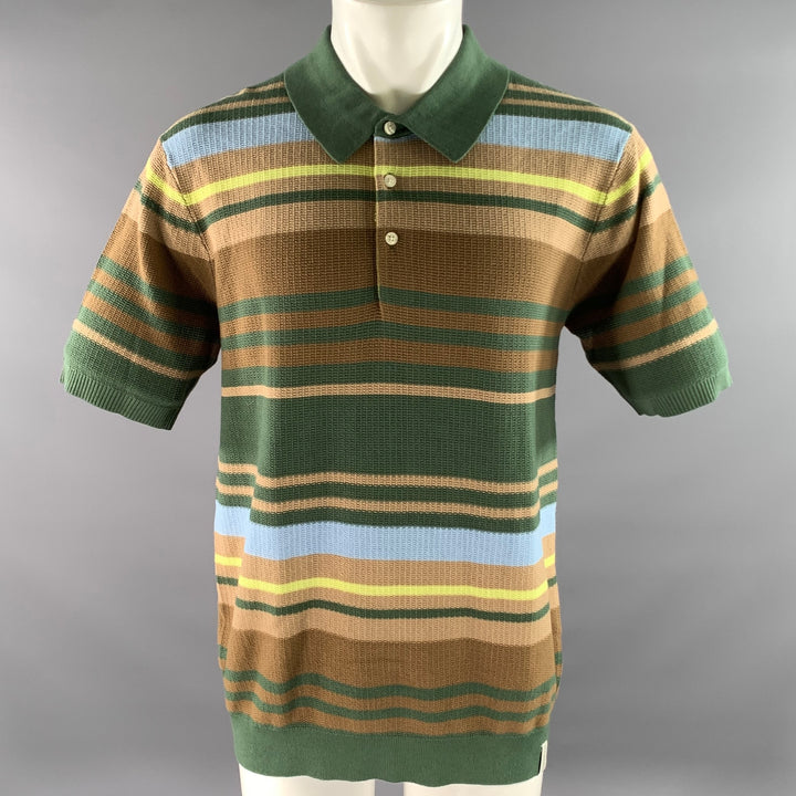 SCOTCH AND SODA Size L Green Brown Blue Stripe Cotton Knit Short Sleeve Shirt