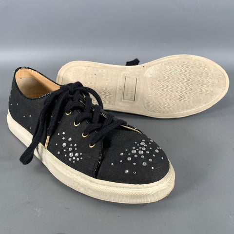 CHARLOTTE OLYMPIA Size 9 Black Canvas Bedazzled Toe Cap Sneakers