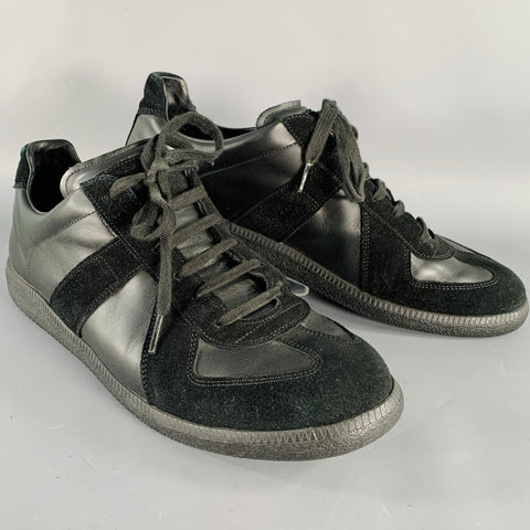MAISON MARGIELA Size 13 Black Mixed Fabrics Leather Low Top Sneakers