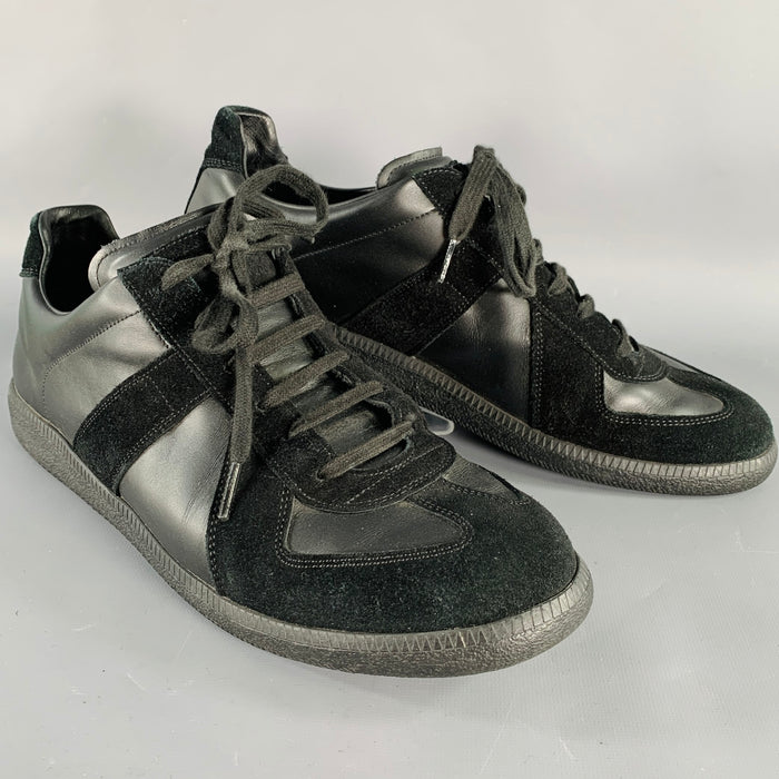MAISON MARGIELA Size 13 Black Mixed Fabrics Leather Low Top Sneakers
