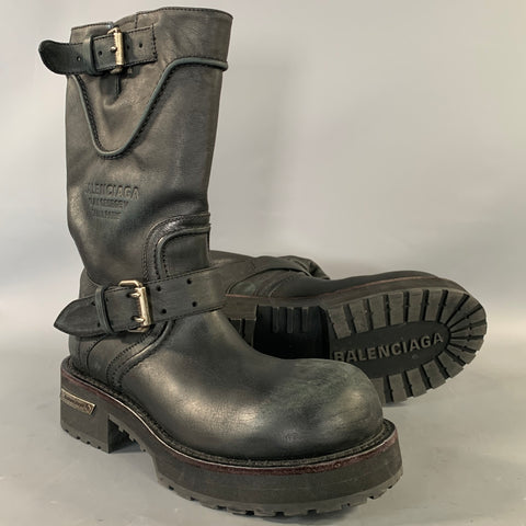 BALENCIAGA Size 8 Black Leather Motorcycle Boots