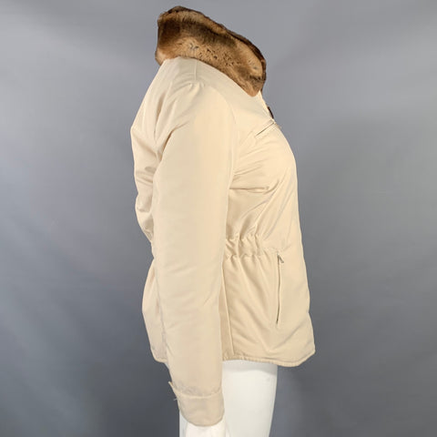 AGNONA Size 10 Cream Polyester Removable Fur Collar Zip Up Jacket