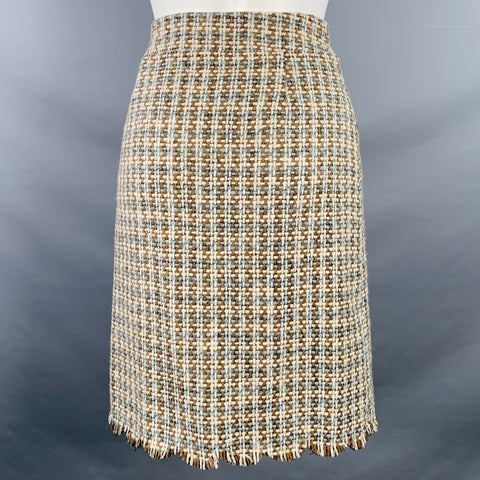 MOSCHINO Size 8 Brown Blue Cream Wool Woven Pencil Below Knee Scallop Hem Skirt