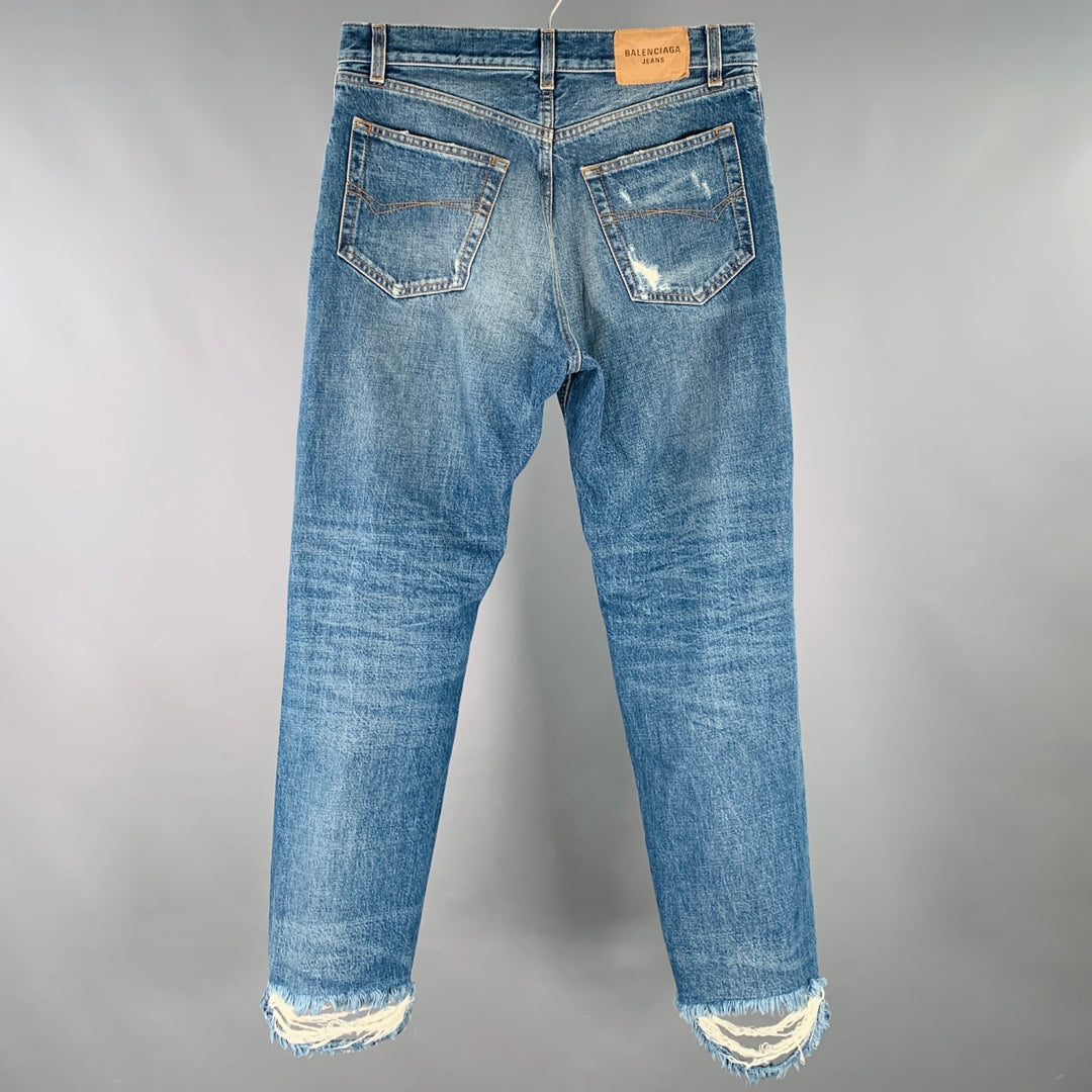 BALENCIAGA Size 31 Indigo Wash Denim Distressed Button Fly Jeans