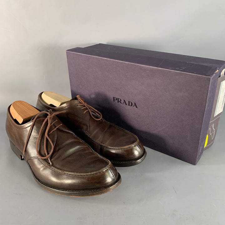 PRADA Size 10 Brown Leather Derby Split Toe Lace-Up Shoes