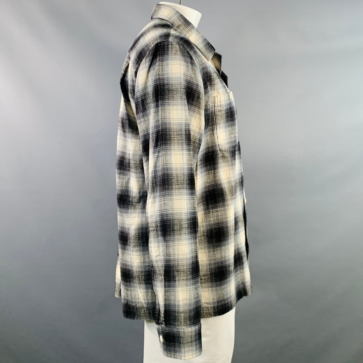 FILSON Size L Elk Heights Black Cream Plaid Cotton Two Pockets Long Sleeve Overshirt