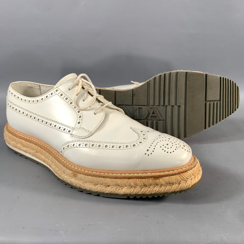 PRADA Size 8.5 White Perforated Leather Wingtip Lace Up Shoes