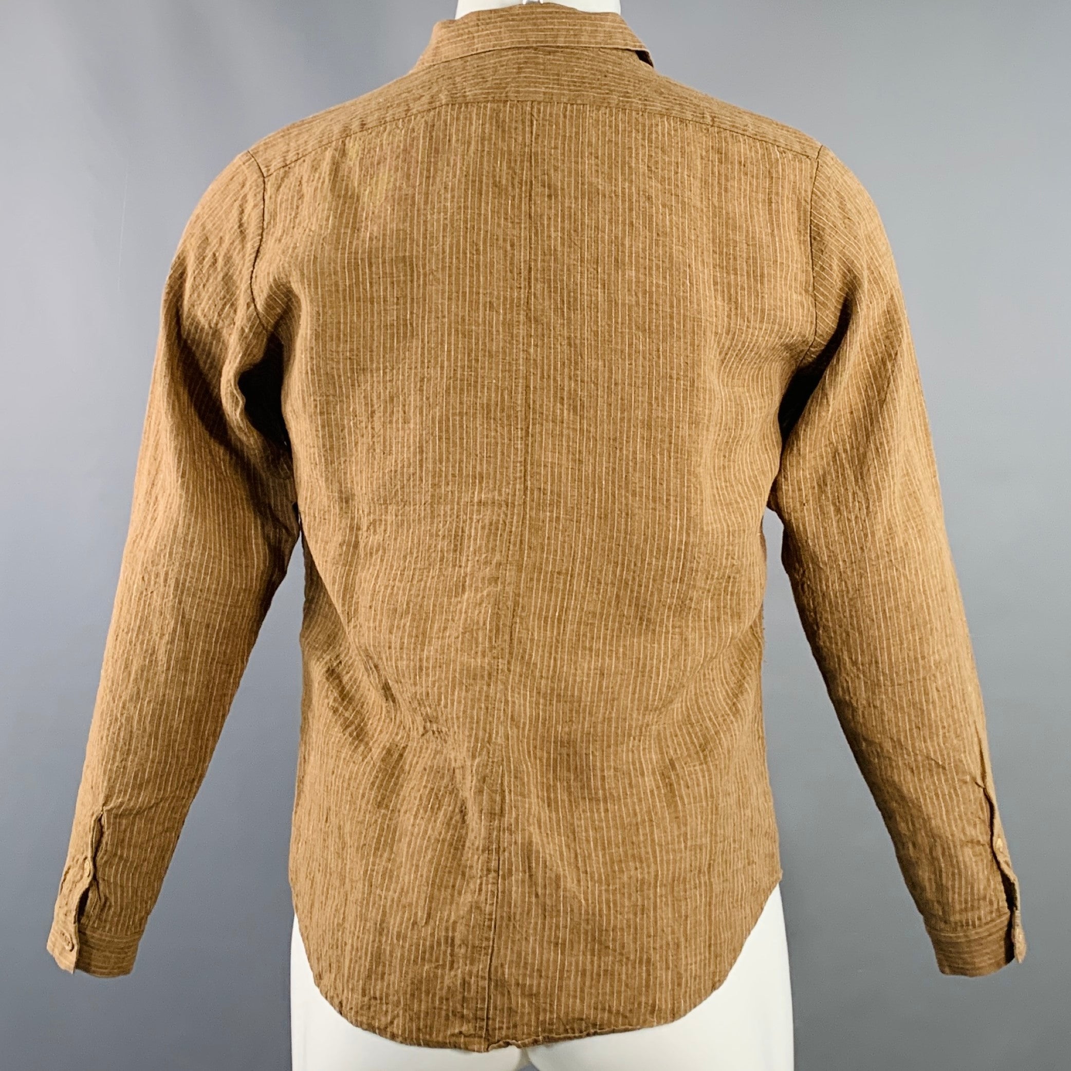 FRANK LEDER Size S Brown White Stripe Linen Spread Collar Long