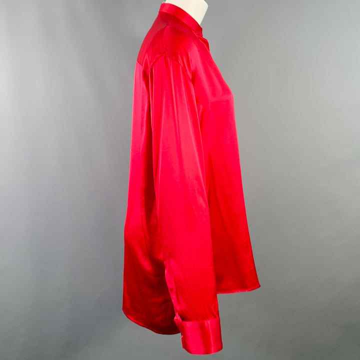 HAIDER ACKERMANN Size S Red Silk Satin Nehru Collar Hidden Buttons Shirt