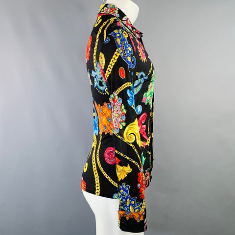 VERSACE SS19 Size S Black Multi Color Floral Silk Pointed Collar Long Sleeve Shirt