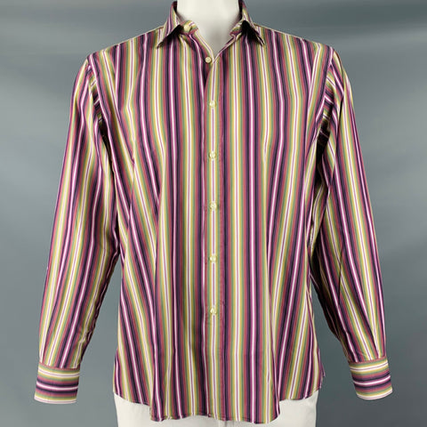 ETRO Size XL Purple Green Stripe Cotton Button Up Long Sleeve Shirt