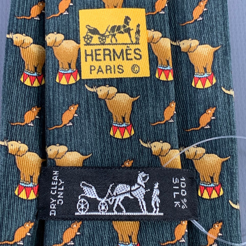 HERMES Green Beige Elephant Circus 7681 TA  Silk Tie