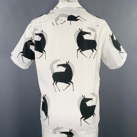 PORTUGUESE FLANNEL Size M White Black Print Lyocell Camp Short Sleeve Shirt