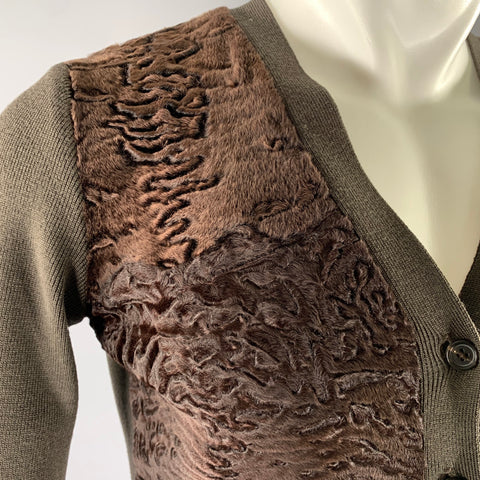 PRADA Size S Brown Lamb Fur Ribbed Wool Cardigan