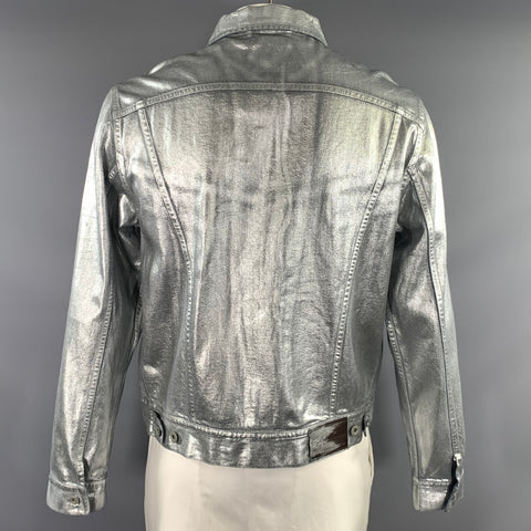 RALPH LAUREN Size L Silver Metallic Cotton Trucker Jacket