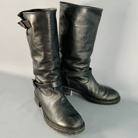FENDI Size 9 Black Leather Shearling Lined Pull On Buckle Boots
