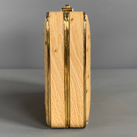 LORENZI Beige Gold Ostrich Leather Clutch Handbag