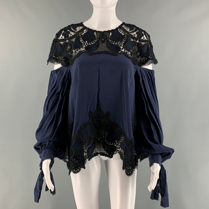 JONATHAN SIMKHAI Size XS Navy Black Silk Lace Oversized Casual Top