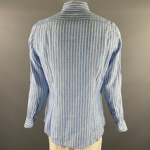 SAM MALOUF Size L Blue White Stripe Linen Pointed Collar Long Sleeve Shirt