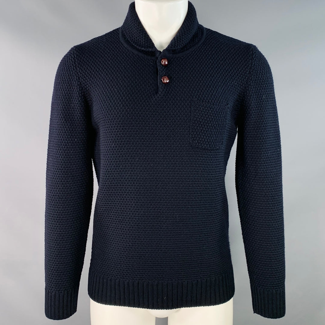 A.P.C. Size S Navy Waffle Knit Wool Shawl Collar Sweater