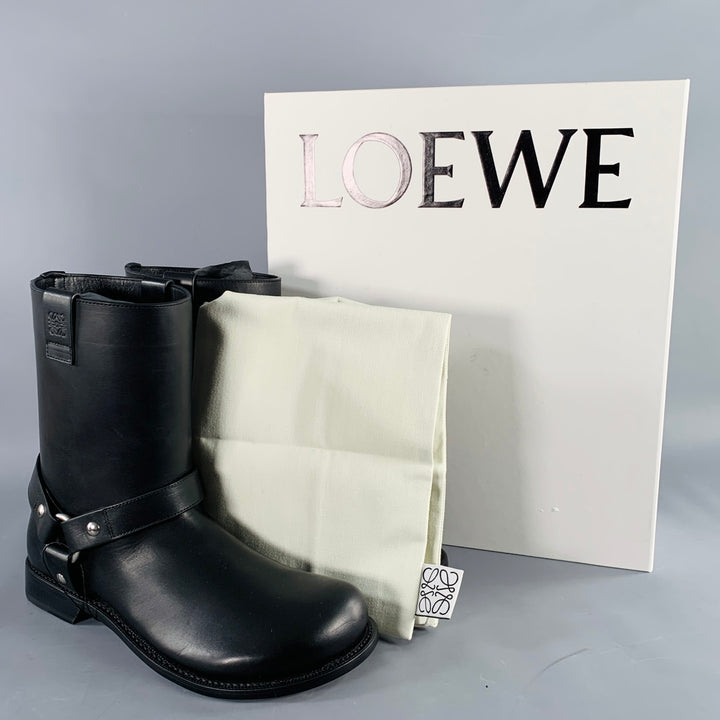 LOEWE Size 9 Campo Black Silver Harness Leather Pull On Boots