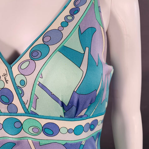 EMILIO PUCCI Size 8 Blue Green Silk Leaves V-Neck Midi Dress