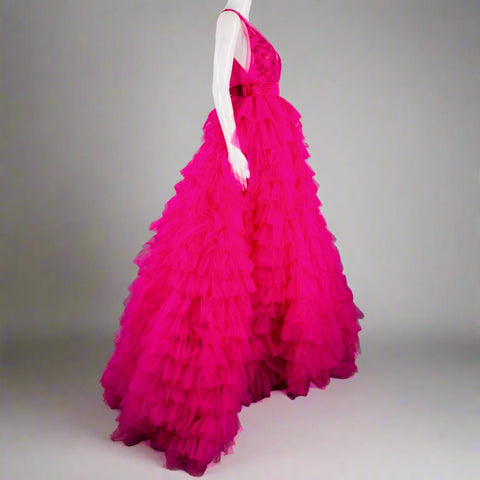TEUTA MATOSHI Size S Purple Fuchsia Tulle Ruffled Sleeveless Gown
