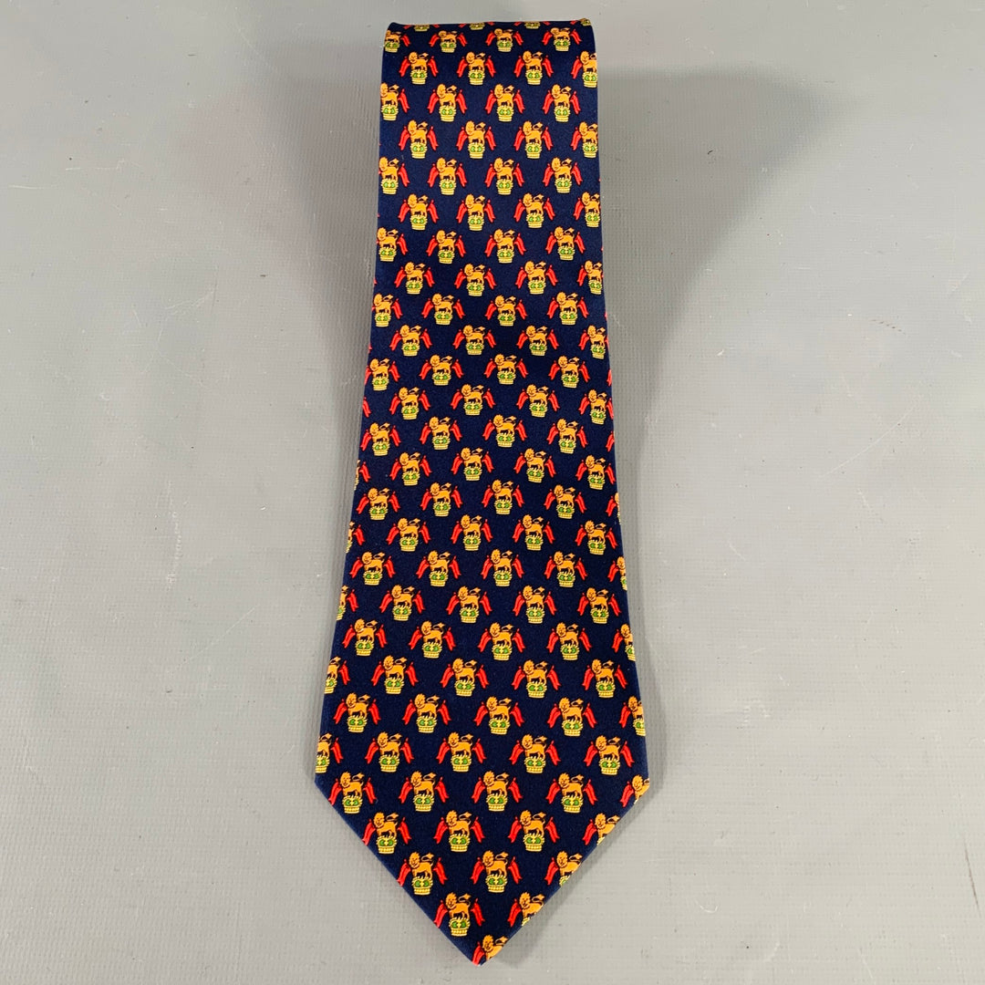 SALVATORE FERRAGAMO Navy Red Orange Lion Crest Silk Tie
