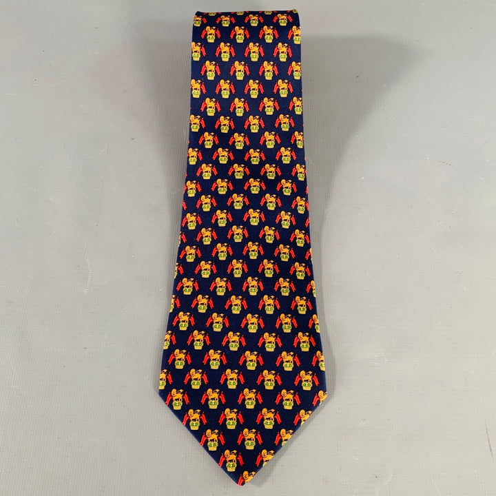 SALVATORE FERRAGAMO Navy Red Orange Lion Crest Silk Tie