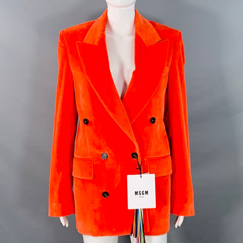 MSGM Size S Orange Cotton Velvet Double Breasted Peak Lapel Jacket Blazer