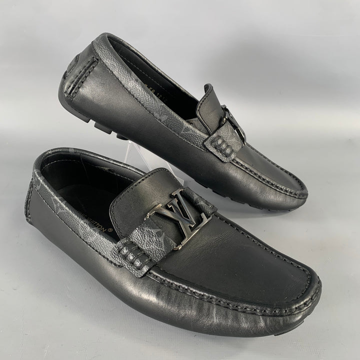 LOUIS VUITTON Size 7.5 Black Grey Logo Leather Loafers