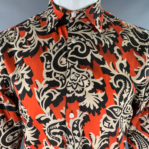 ETRO Size M Orange Black Khaki Abstract Floral Long Sleeve Shirt