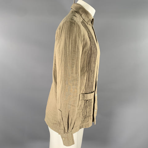 CARMEN RION Size S Green Olive Pleated Linen Long Sleeve Shirt